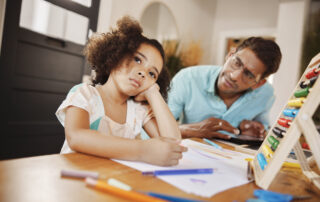 Bored, father and girl learning studying or homeschooling with autism, adhd and dyslexia in interracial family. Problems, worried and dad with kid thinking of homework in child development education